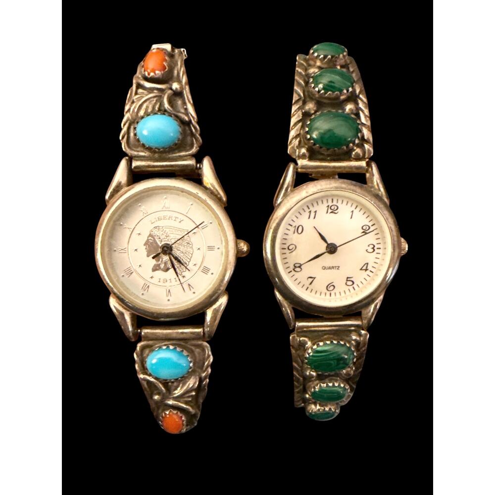 Vintage Benny Ramone Navajo Sterling Silver Malachite Watch Tips Southwest Cuff - Picture 7 of 7